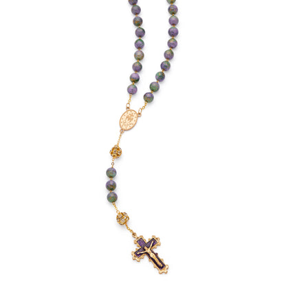 Gold-Tone Metal Rosary with Purple and Green Marble Effect Beads and Rhinestone Beads