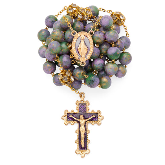 Gold-Tone Metal Rosary with Purple and Green Marble Effect Beads and Rhinestone Beads