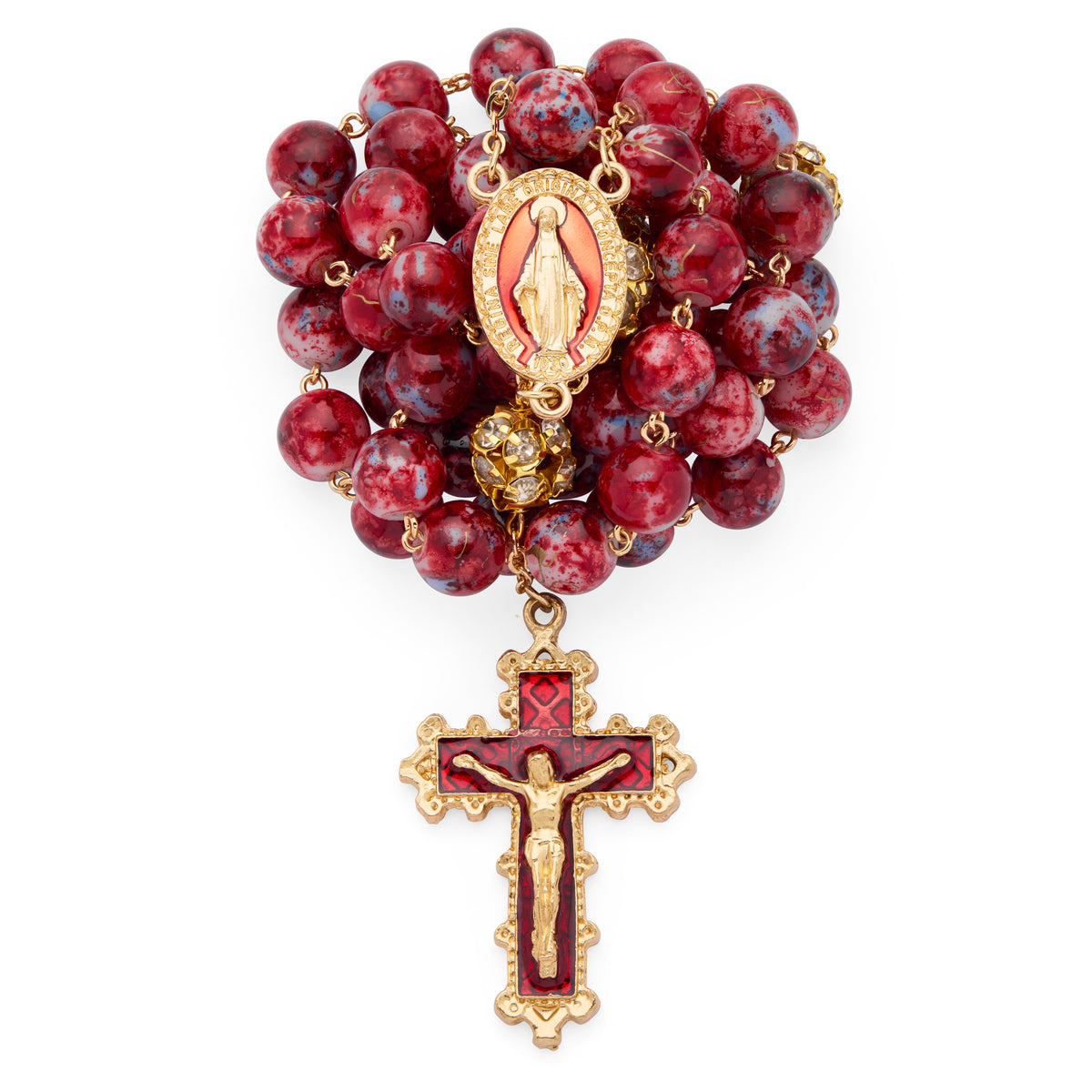 Gold-Tone Metal Rosary with Red and Blue Marble Effect Beads and Rhinestone Beads