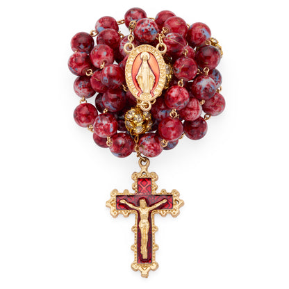 Gold-Tone Metal Rosary with Red and Blue Marble Effect Beads and Rhinestone Beads