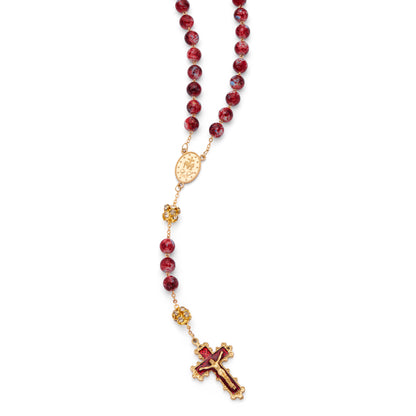Gold-Tone Metal Rosary with Red and Blue Marble Effect Beads and Rhinestone Beads