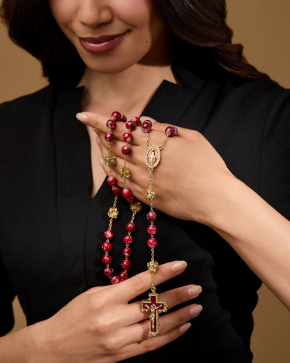 Gold-Tone Metal Rosary with Red and Blue Marble Effect Beads and Rhinestone Beads
