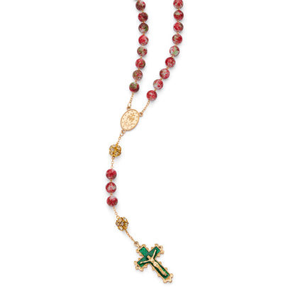 Gold-Tone Metal Rosary with Red and Green Marble Effect Beads and Rhinestone Beads