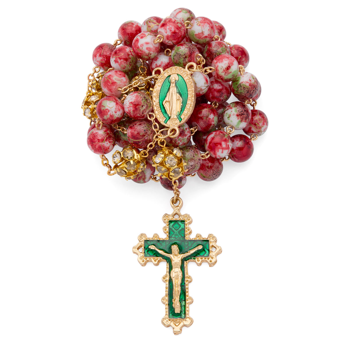 Gold-Tone Metal Rosary with Red and Green Marble Effect Beads and Rhinestone Beads