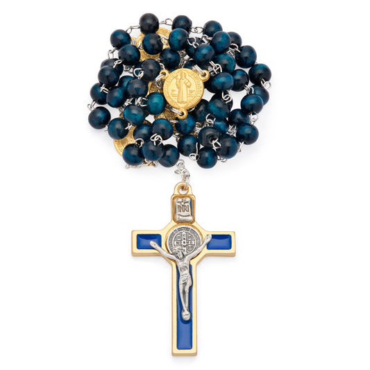 Gold-Tone Metal Saint Benedict Rosary with Blue Wood Beads and Enameled Crucifix