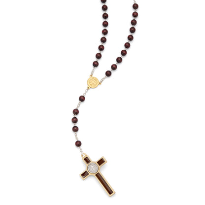 Gold-Tone Metal Saint Benedict Rosary with Dark Brown Wood Beads and Enameled Crucifix