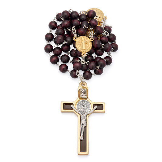 Gold-Tone Metal Saint Benedict Rosary with Dark Brown Wood Beads and Enameled Crucifix