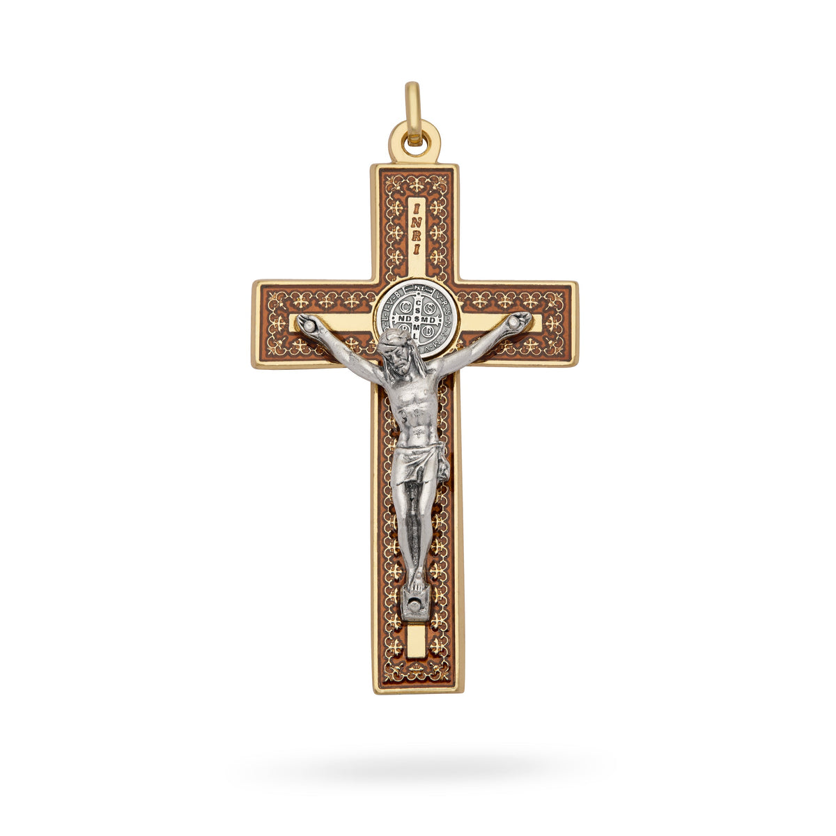 Gold-Tone Metal St. Benedict Crucifix Pendant with Red Enamel and Decorative Details