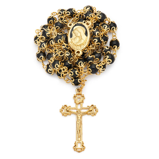Gold-Tone Metal Virgin Mary and Child Rosary with Black Crystal Beads