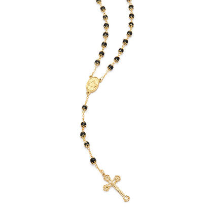 Gold-Tone Metal Virgin Mary and Child Rosary with Black Crystal Beads