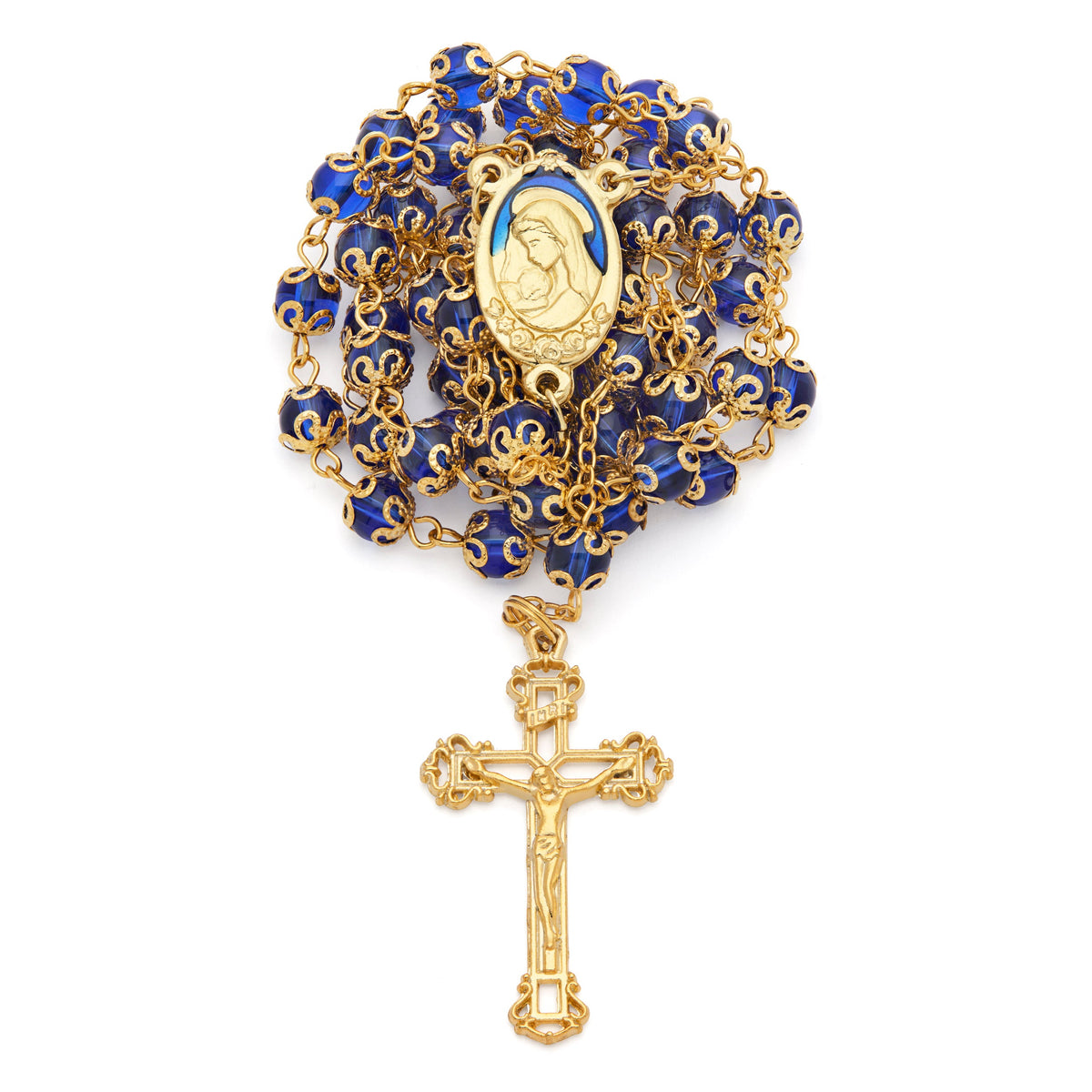 Gold-Tone Metal Virgin Mary and Child Rosary with Blue Crystals
