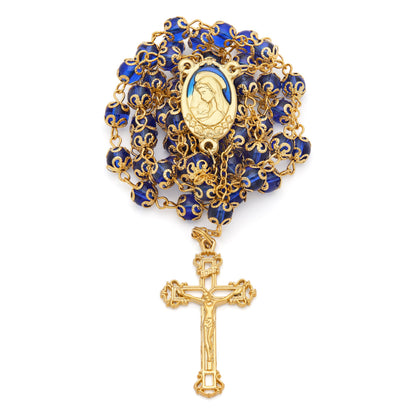 Gold-Tone Metal Virgin Mary and Child Rosary with Blue Crystals