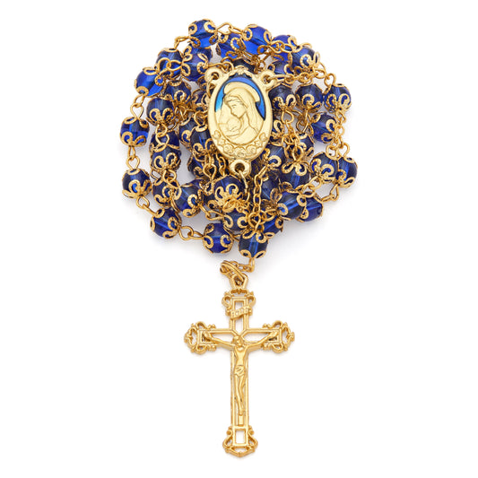 Gold-Tone Metal Virgin Mary and Child Rosary with Blue Crystals