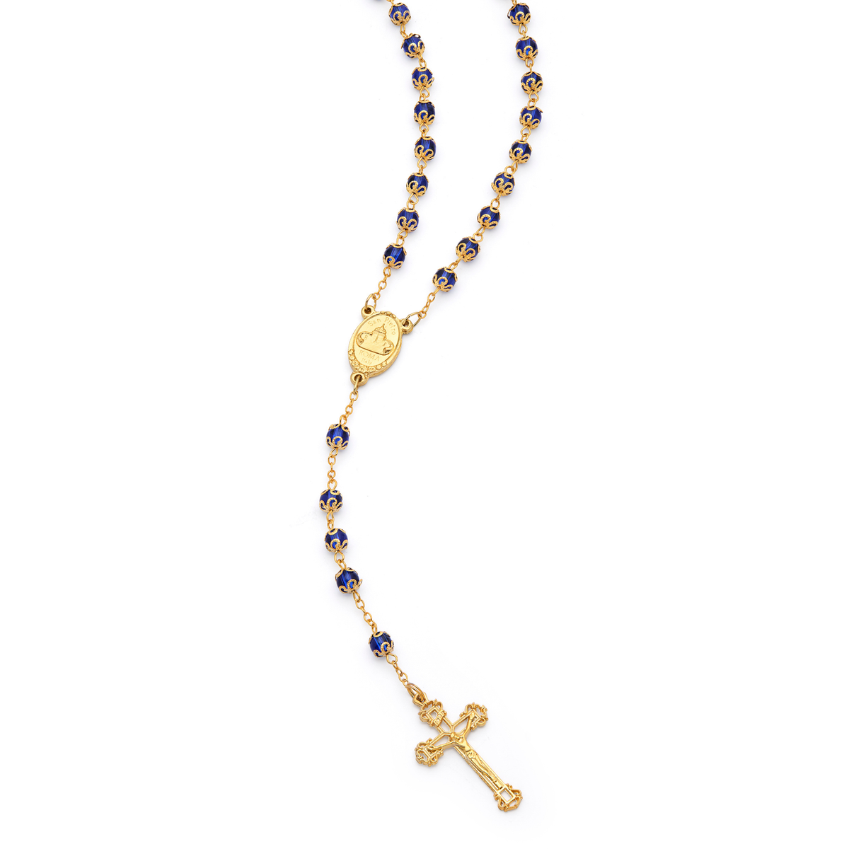Gold-Tone Metal Virgin Mary and Child Rosary with Blue Crystals