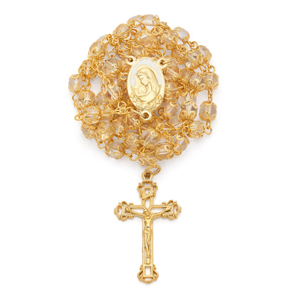 Gold-Tone Metal Virgin Mary and Child Rosary with Clear Crystal Beads
