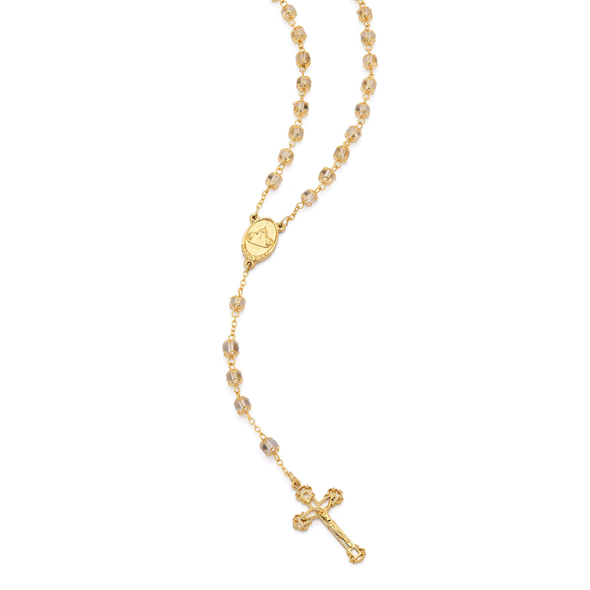 Gold-Tone Metal Virgin Mary and Child Rosary with Clear Crystal Beads