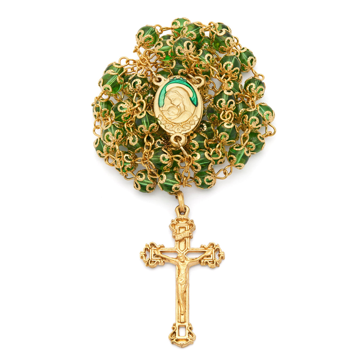 Gold-Tone Metal Virgin Mary and Child Rosary with Green Crystal Beads