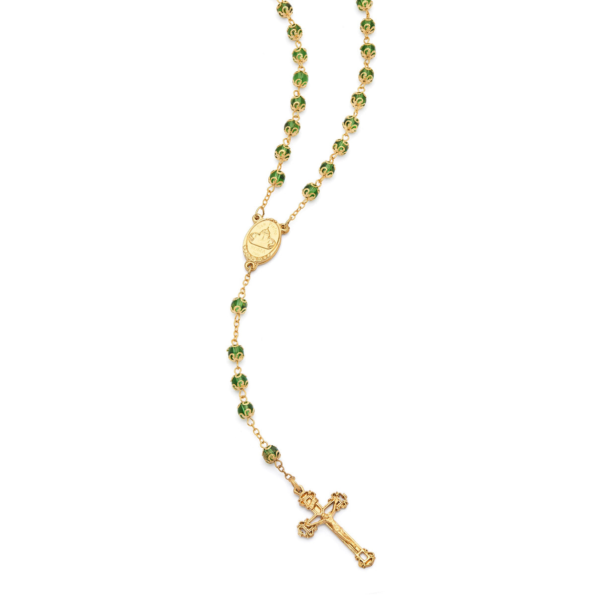 Gold-Tone Metal Virgin Mary and Child Rosary with Green Crystal Beads
