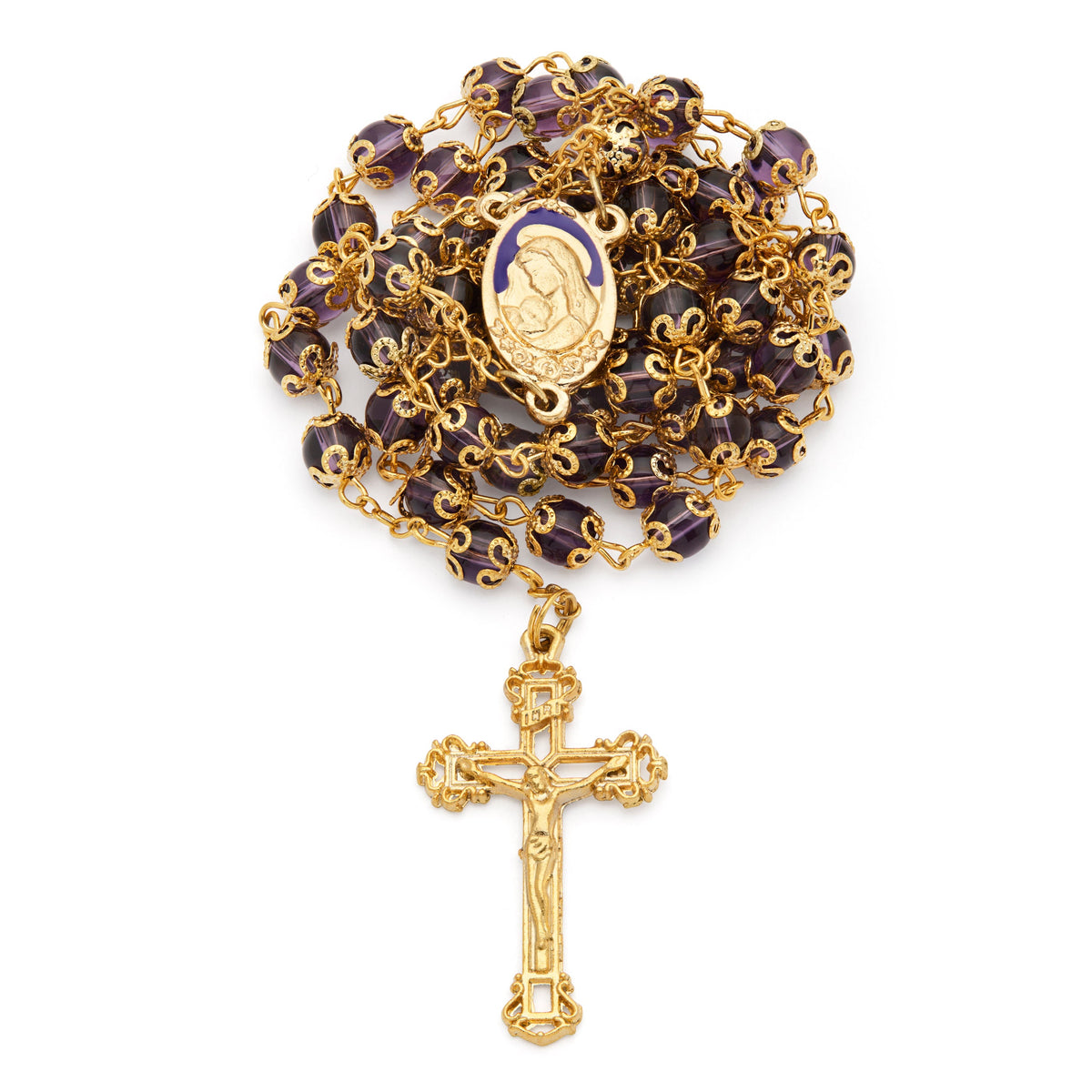 Gold-Tone Metal Virgin Mary and Child Rosary with Purple Crystal Beads