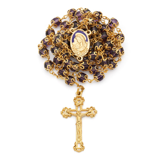 Gold-Tone Metal Virgin Mary and Child Rosary with Purple Crystal Beads
