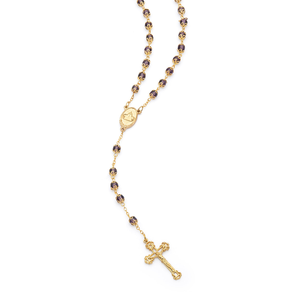 Gold-Tone Metal Virgin Mary and Child Rosary with Purple Crystal Beads