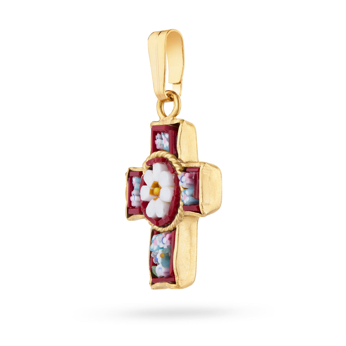 Gold-tone Pewter Micromosaic Cross with Central Flower