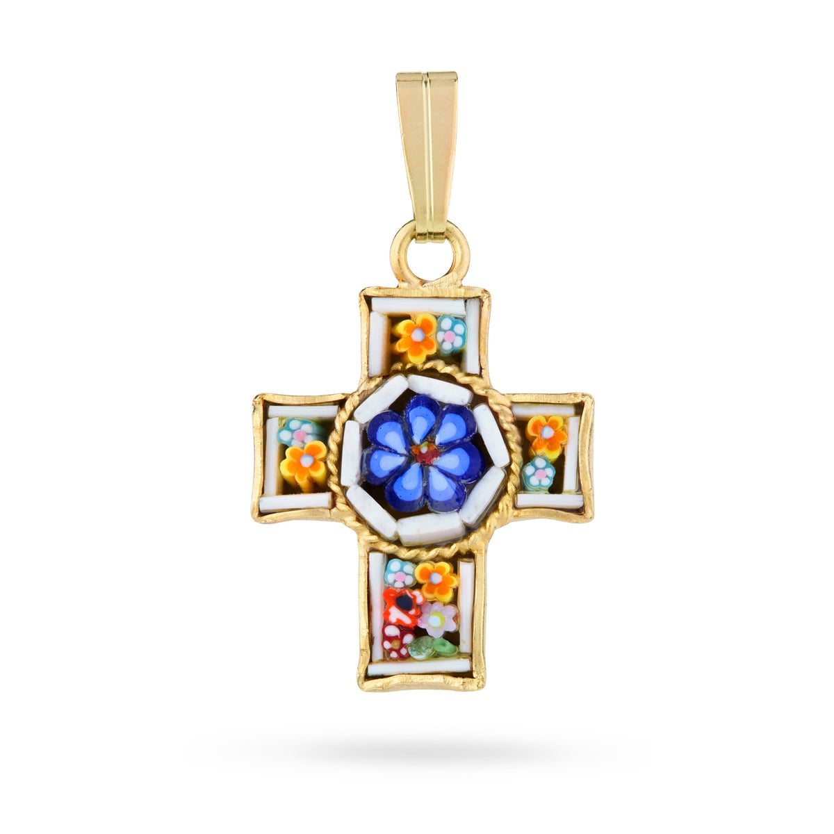 Gold-tone Pewter Micromosaic Cross with Central Flower