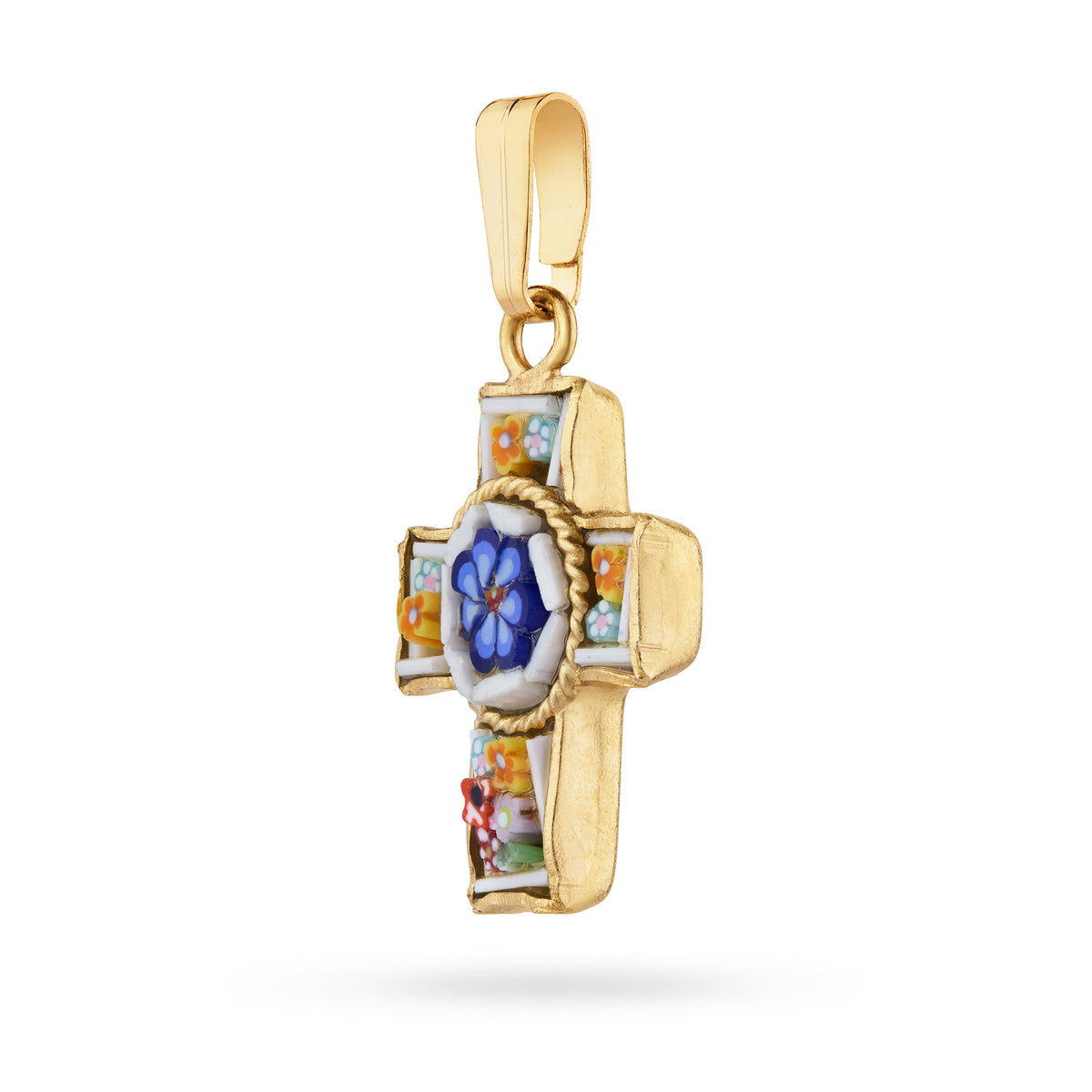 Gold-tone Pewter Micromosaic Cross with Central Flower