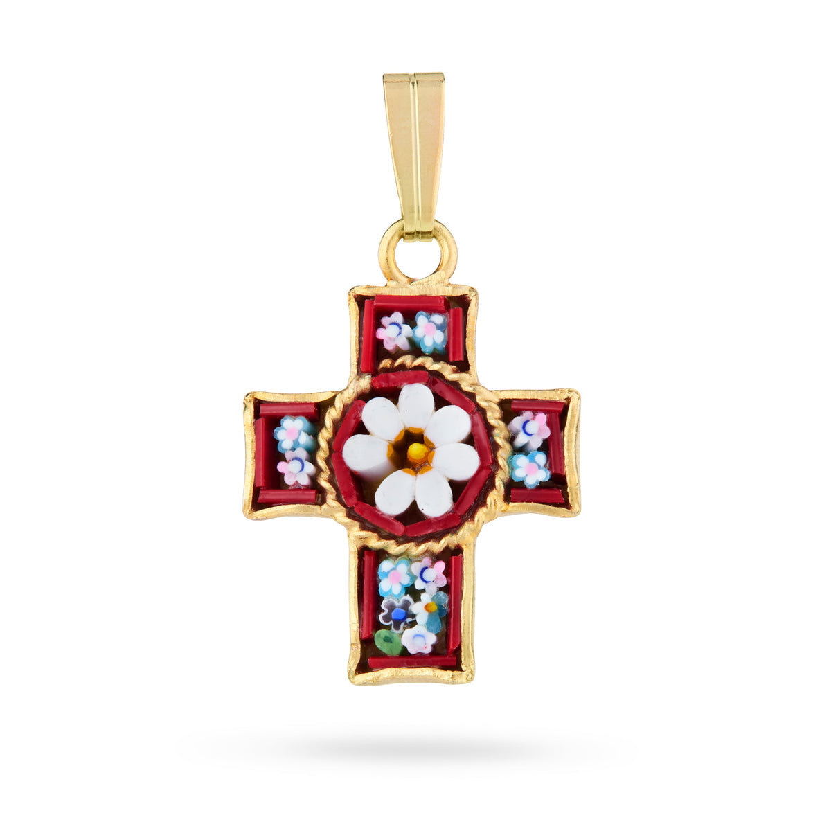 Gold-tone Pewter Micromosaic Cross with Central Flower