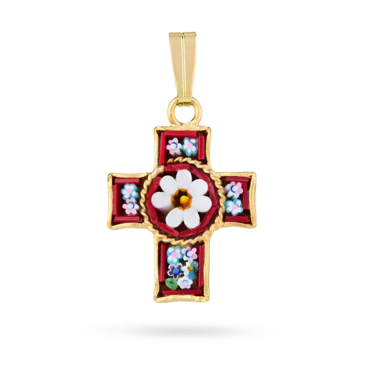Gold-tone Pewter Micromosaic Cross with Central Flower