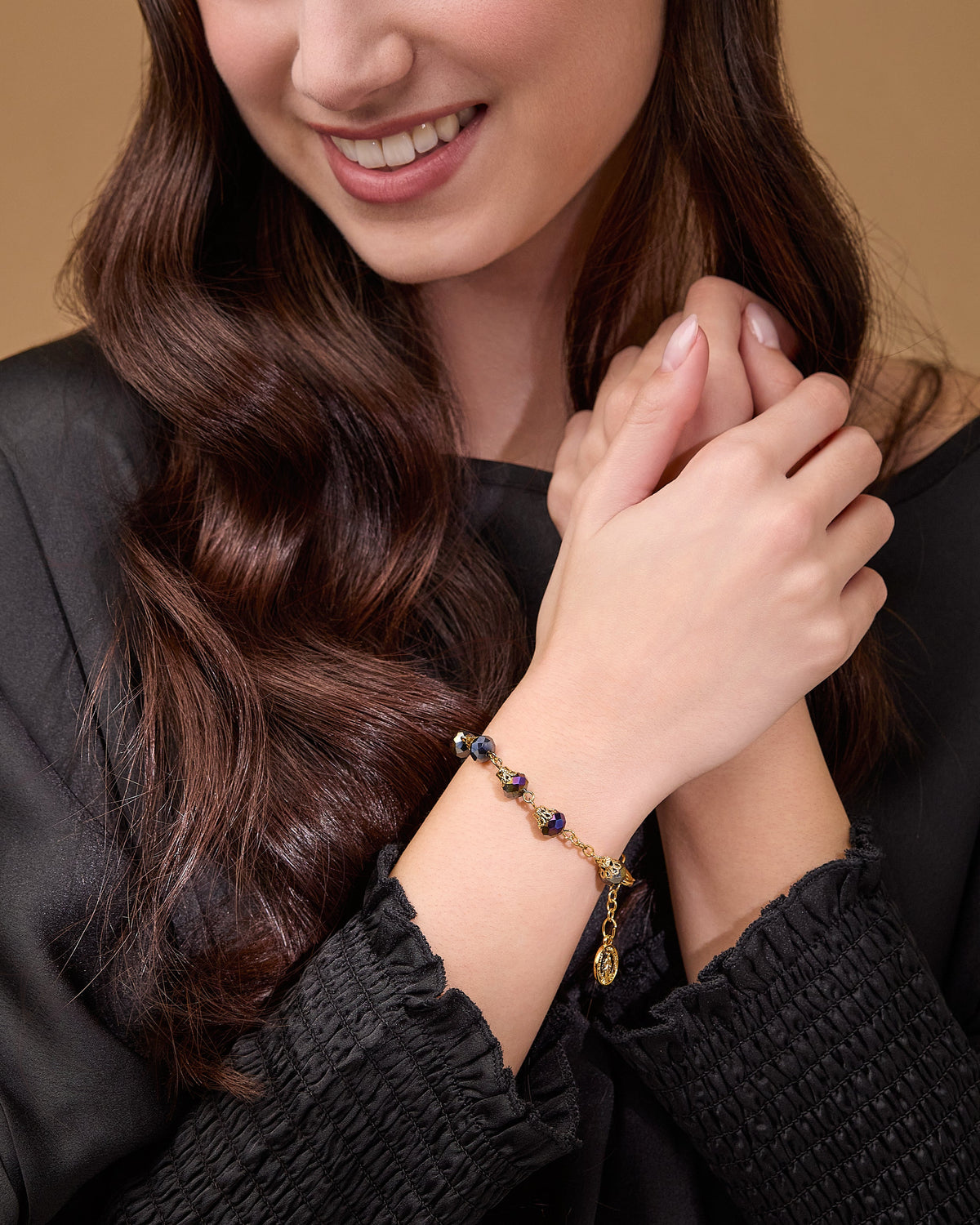 Gold-tone Rosary Bracelet with Balloon-shaped Black Crystal Beads