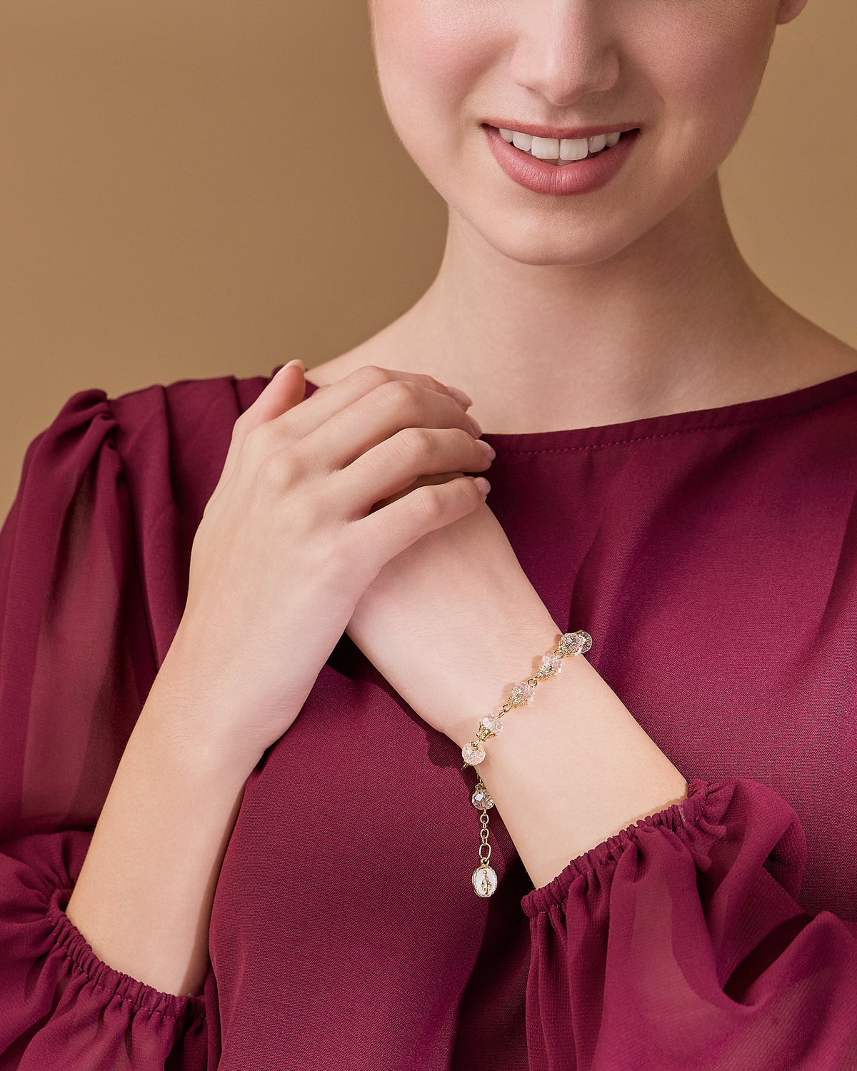 Gold-tone Rosary Bracelet with Balloon-shaped Clear Crystal Beads