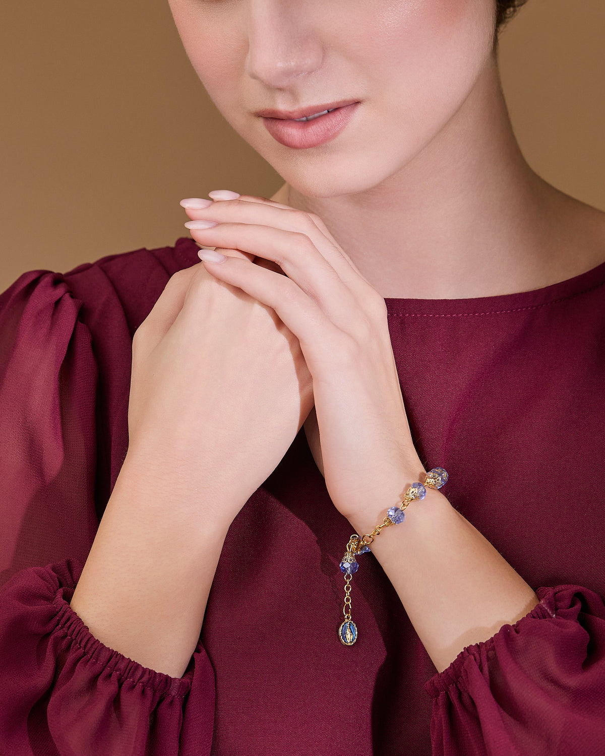 Gold-tone Rosary Bracelet with Balloon-shaped Light Blue Crystal Beads