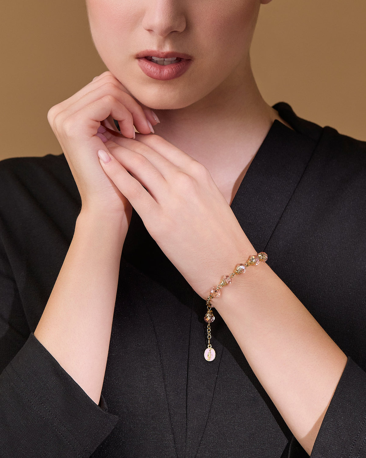 Gold-tone Rosary Bracelet with Balloon-shaped Light Pink Crystal Beads