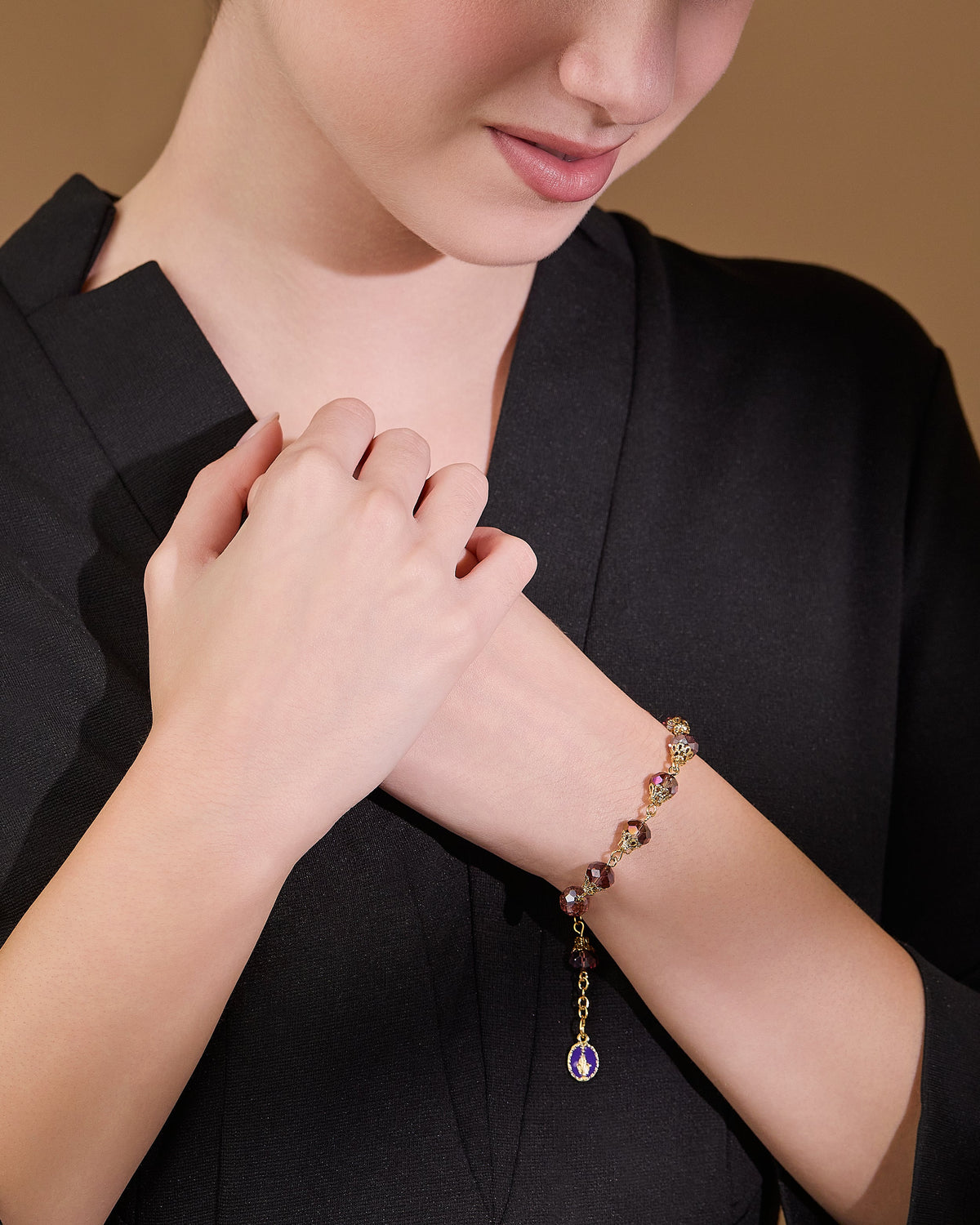 Gold-tone Rosary Bracelet with Balloon-shaped Purple Crystal Beads