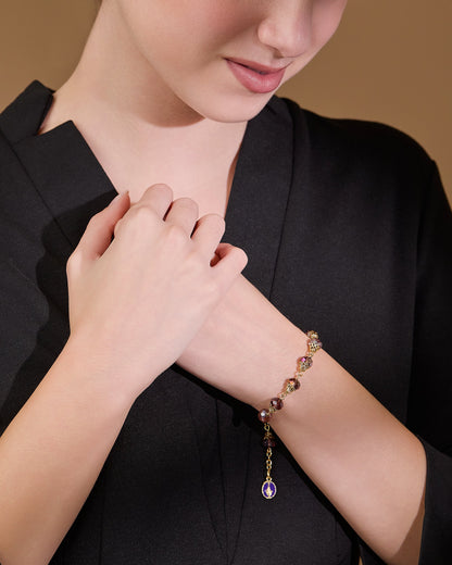 Gold-tone Rosary Bracelet with Balloon-shaped Purple Crystal Beads