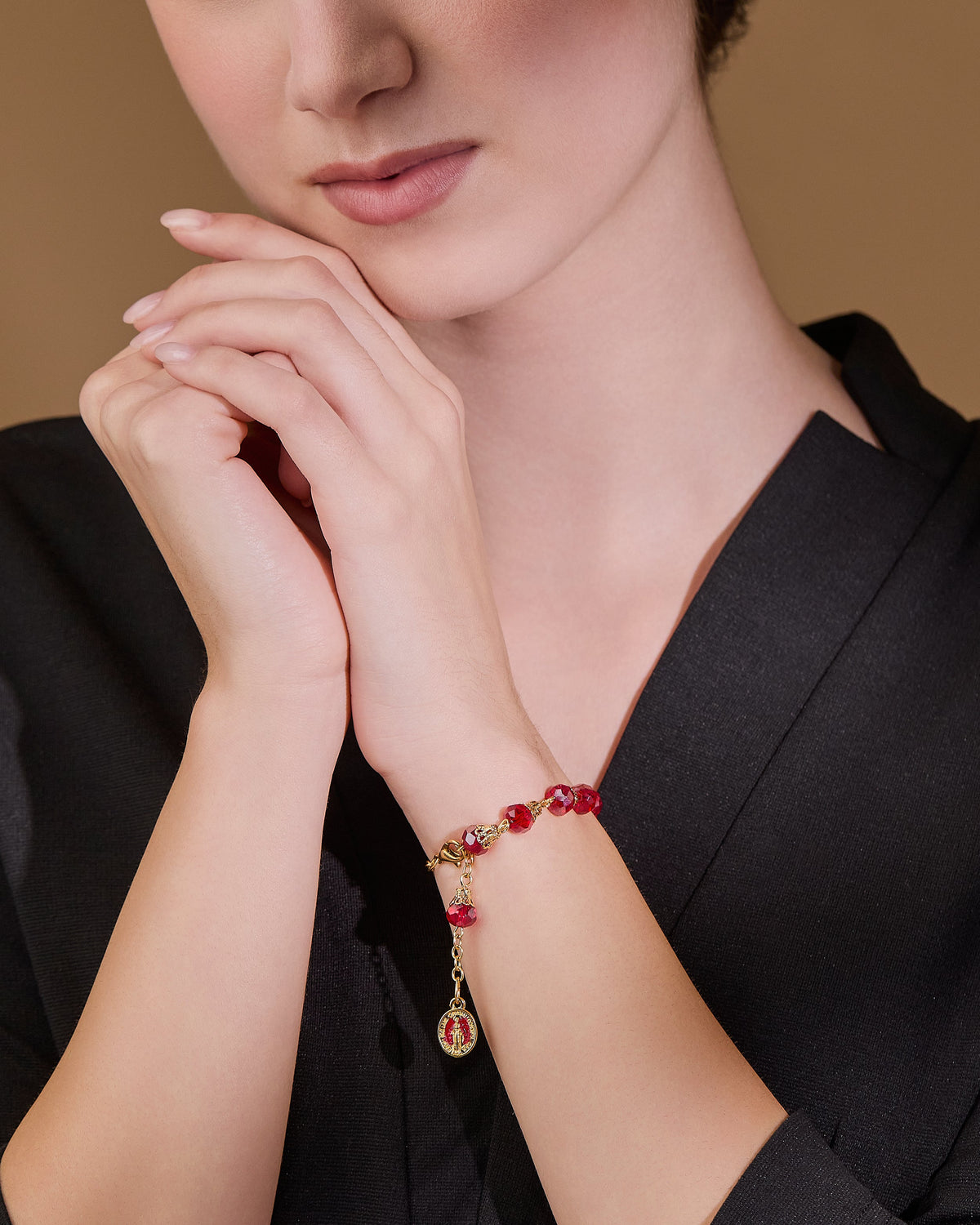Gold-tone Rosary Bracelet with Balloon-shaped Red Crystal Beads