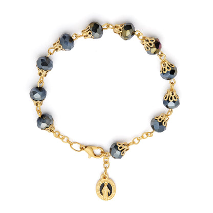 Gold-tone Rosary Bracelet with Balloon-shaped Black Crystal Beads
