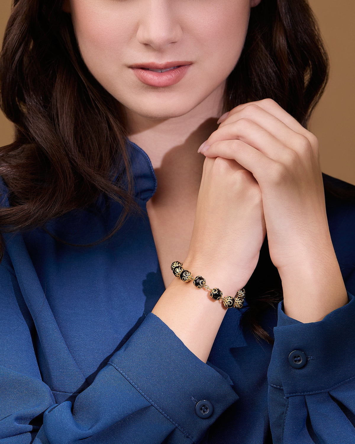 Gold-tone Rosary Bracelet with Black Crystal Beads and Filigree Bead Caps