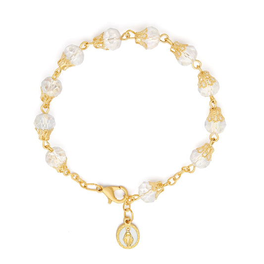 Gold-tone Rosary Bracelet with Balloon-shaped Clear Crystal Beads