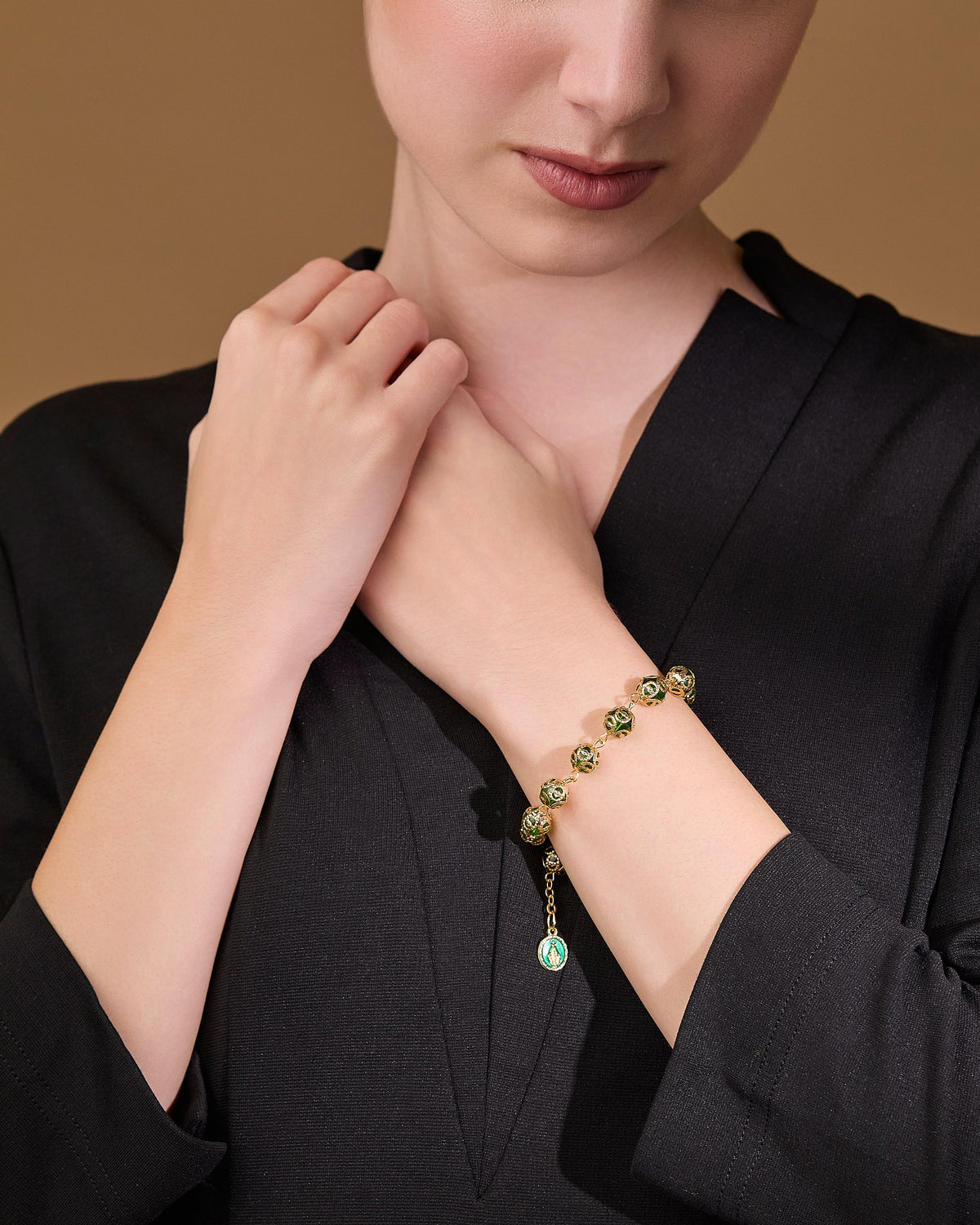 Gold-tone Rosary Bracelet with Green Crystal Beads and Bead Caps