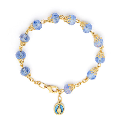 Gold-tone Rosary Bracelet with Balloon-shaped Light Blue Crystal Beads