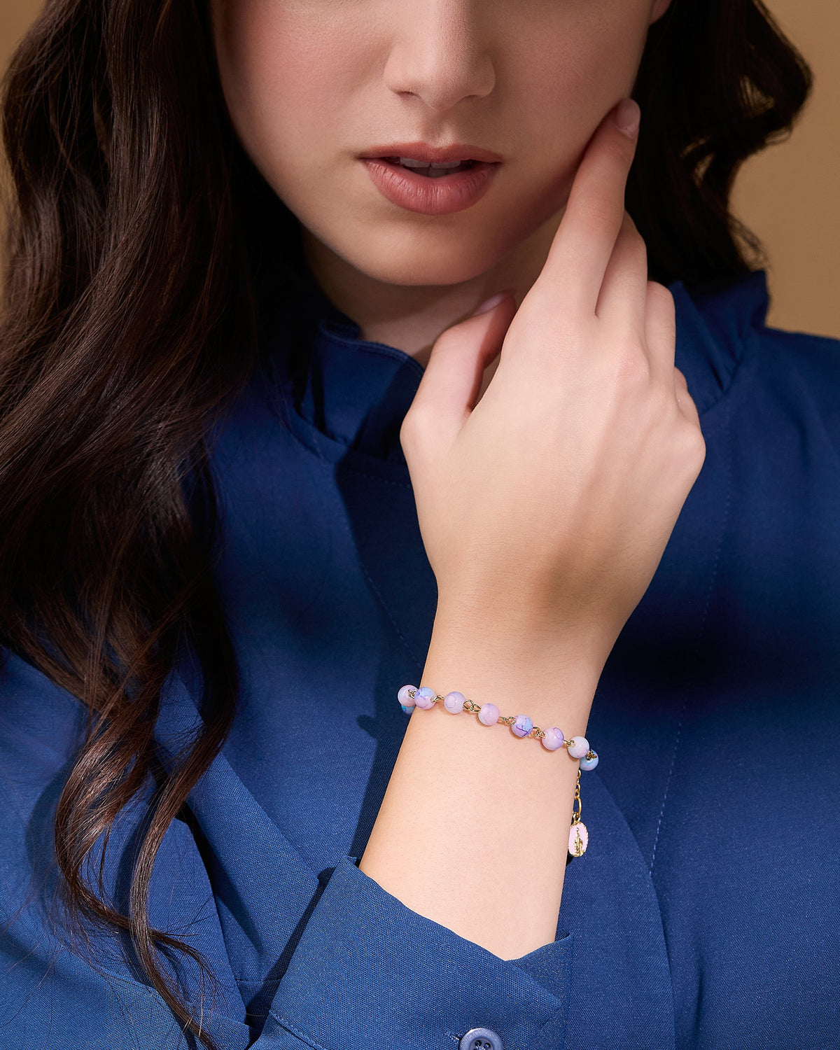 Gold-tone Rosary Bracelet with Pink and Light Blue Variegated Beads