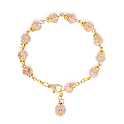 Gold-tone Rosary Bracelet with Balloon-shaped Light Pink Crystal Beads