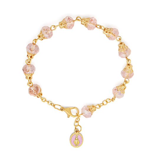 Gold-tone Rosary Bracelet with Balloon-shaped Light Pink Crystal Beads