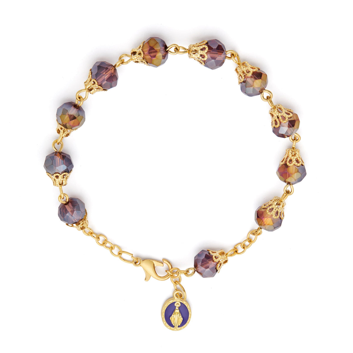 Gold-tone Rosary Bracelet with Balloon-shaped Purple Crystal Beads