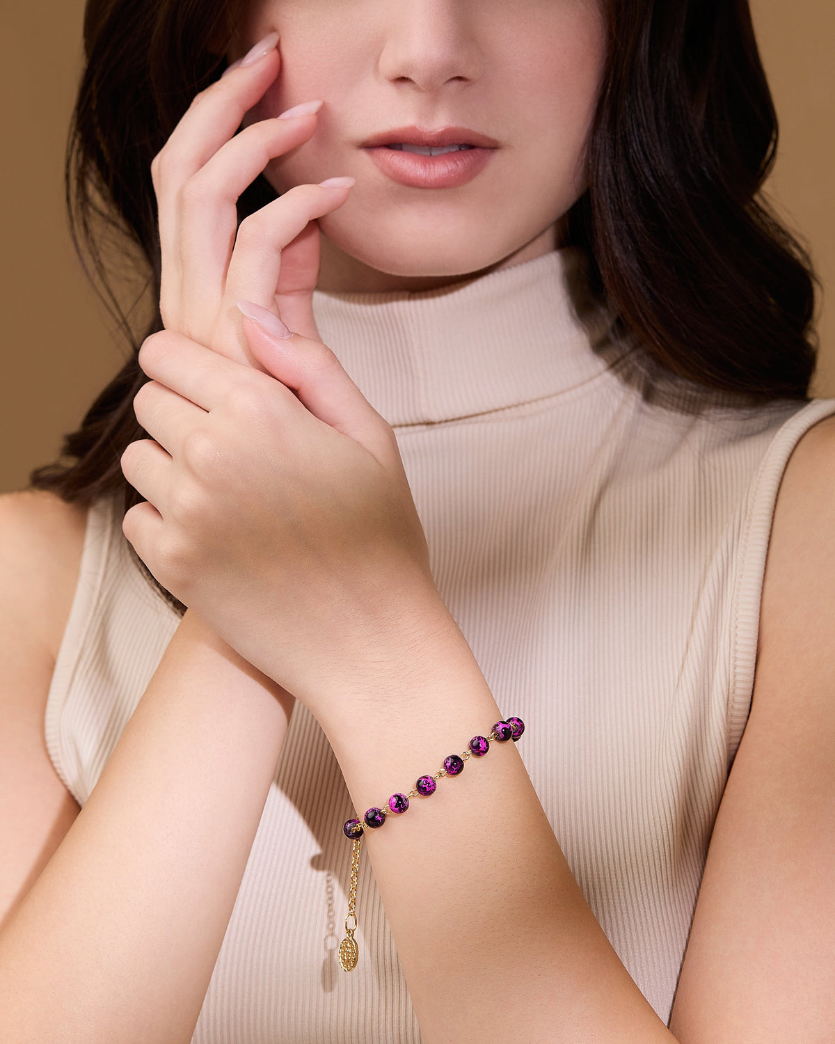 Gold-tone Rosary Bracelet with Purple Variegated Beads