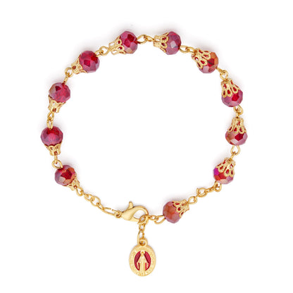 Gold-tone Rosary Bracelet with Balloon-shaped Red Crystal Beads