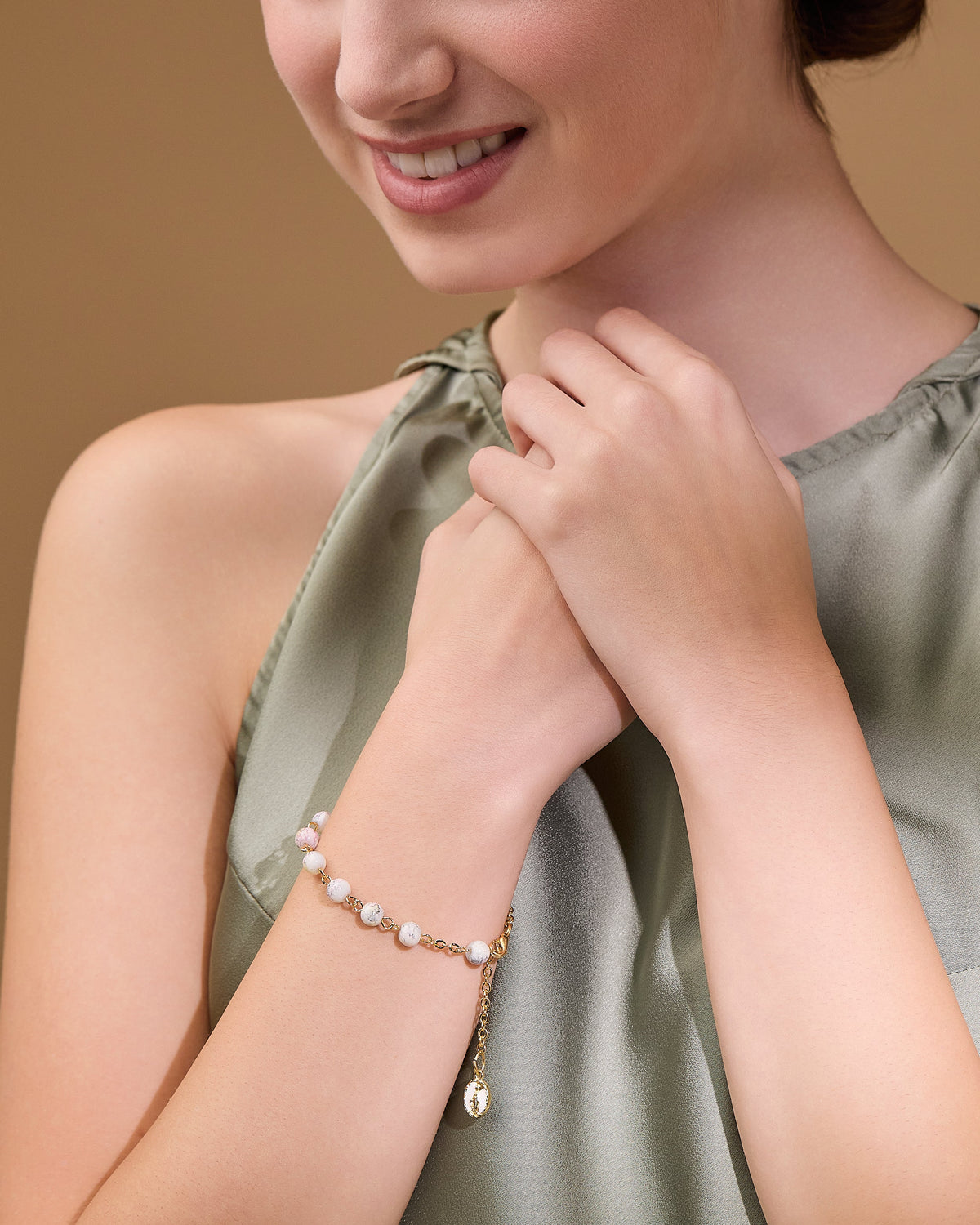 Gold-tone Rosary Bracelet with White Variegated Beads