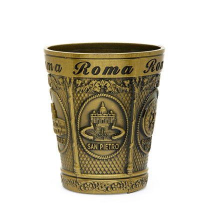 Gold-toned Metal Souvenir Shot Glass featuring St. Peter's Basilica and Colosseum